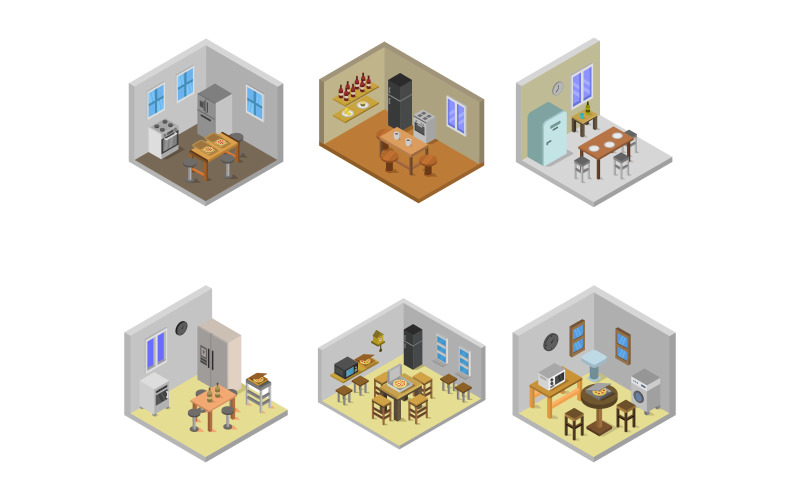 Download Vector "Isometric Kitchen Room Set - Vector Image" / Isometric Kitchen Room Set - Vector Image - Vector на тему графика apartment,wall,residential,cutaway,home,room,set,architecture,table,kitchen,floor,vector,stove,design,decor,modern,interior,house,icon,style