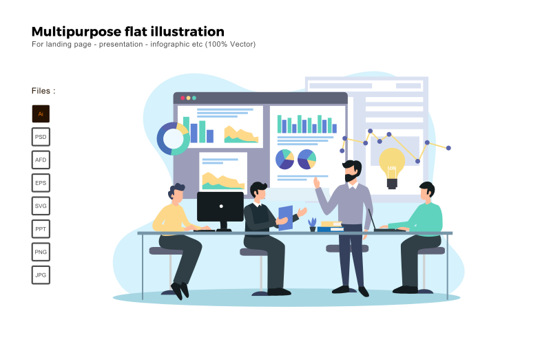 Download Vector "Multipurpose Flat Illustration Meeting With Teams - Vector Image" / Multipurpose Flat Illustration Meeting With Teams - Vector Image - Vector на тему графика flat illustration,vector illustration,flat design,flat icon pack,presentation,powerpoint,keynote,business flat design,people illustration,characters illustration,business concept,seo,analysis