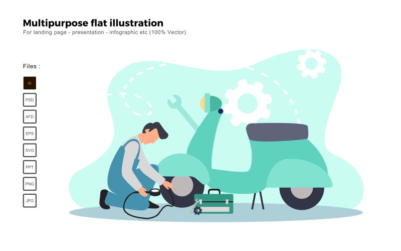 Download Vector "Multipurpose Flat Illustration Scooter Service - Vector Image" / Multipurpose Flat Illustration Scooter Service - Vector Image - Vector на тему графика flat illustration,vector illustration,flat design,flat icon pack,presentation,powerpoint,keynote,business flat design,people illustration,characters illustration,business concept,seo,analysis