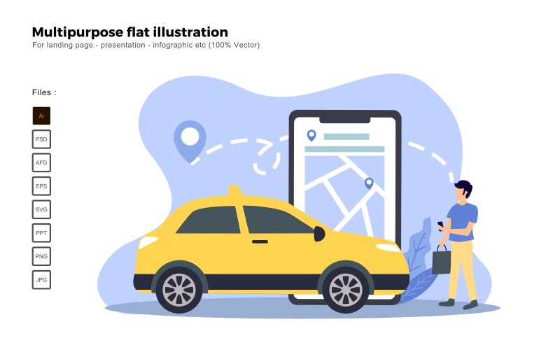 Download Vector "Multipurpose Flat Illustration Taxi Online - Vector Image" / Multipurpose Flat Illustration Taxi Online - Vector Image - Vector на тему графика flat illustration,vector illustration,flat design,flat icon pack,presentation,powerpoint,keynote,business flat design,people illustration,characters illustration,business concept,seo,analysis