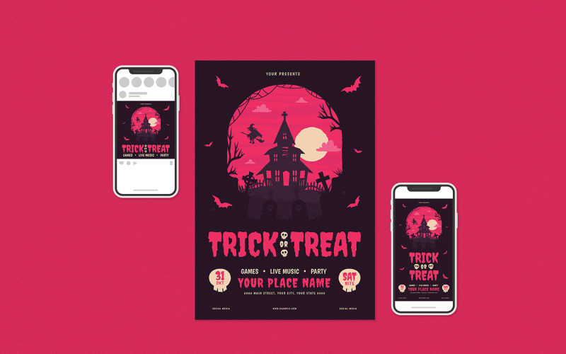 Download Фирменный стиль "Trick Or Treat Party Flyer - Corporate Identity Template" / Trick Or Treat Party Flyer - Corporate Identity Template - Фирменный стиль на тему графика autumn,carving,character,children,event,festival,flyer,ghost,grave,halloween,holiday,illustration,kids,poster,print,pumpkin,scary,skull,vector,zombie