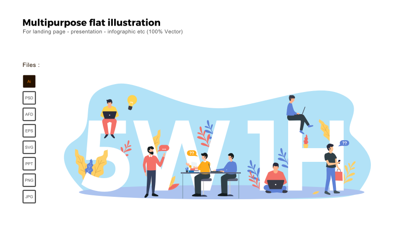 Ilustração plana multiuso 5w1h - imagem vetorial