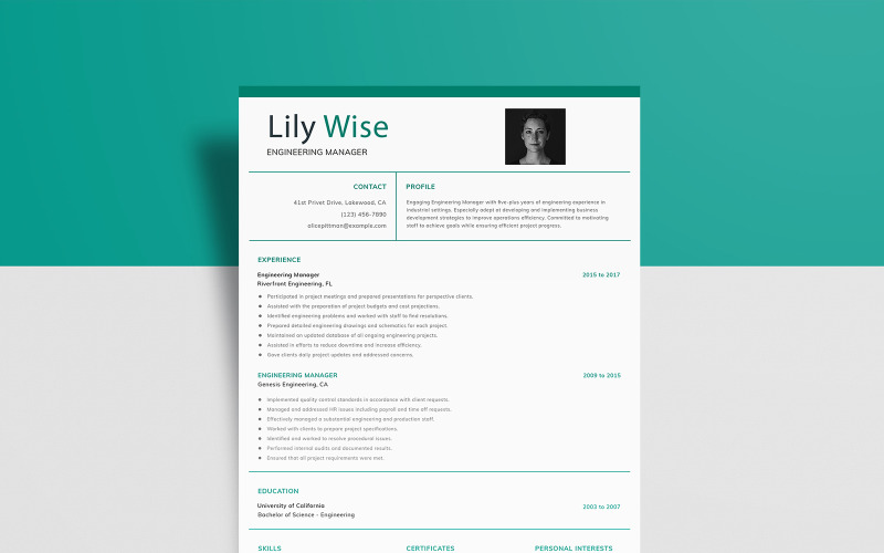 Ingyenes mérnöki menedzser - Lily Wise önéletrajz sablon