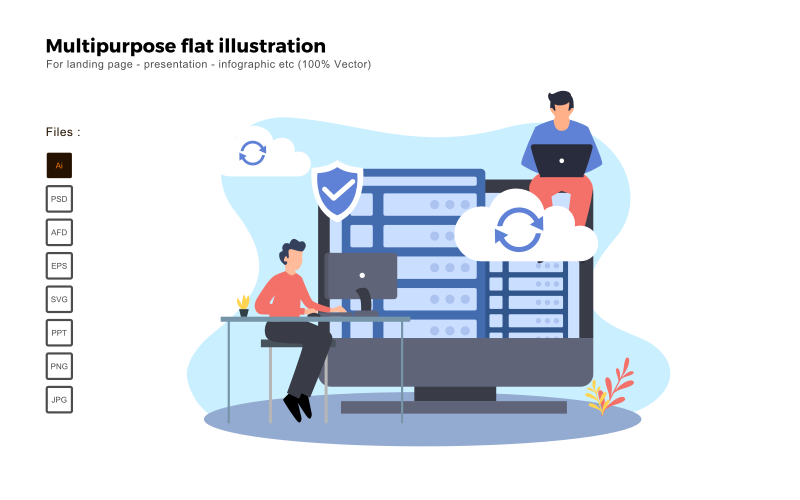 Download Vector "Multipurpose Flat Illustration Cloud Hosting - Vector Image" / Multipurpose Flat Illustration Cloud Hosting - Vector Image - Vector на тему графика flat illustration,vector illustration,flat design,flat icon pack,presentation,powerpoint,keynote,business flat design,people illustration,characters illustration,business concept,seo,analysis