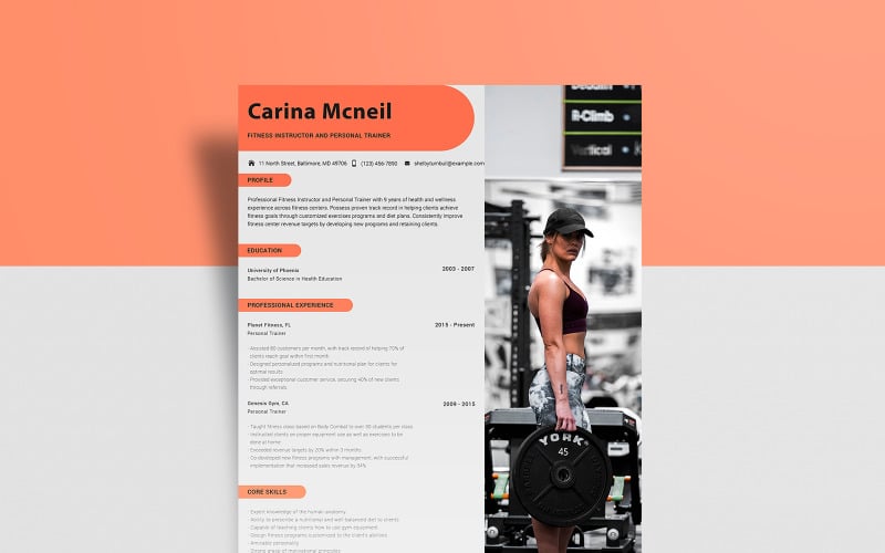 Personal Trainer grátis - modelo de currículo de Carina McNeil