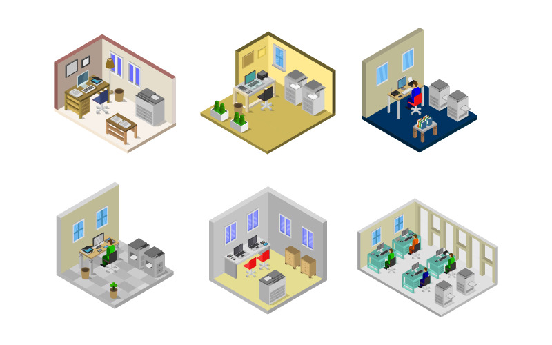 Isometric Office Room Set - Vector Image