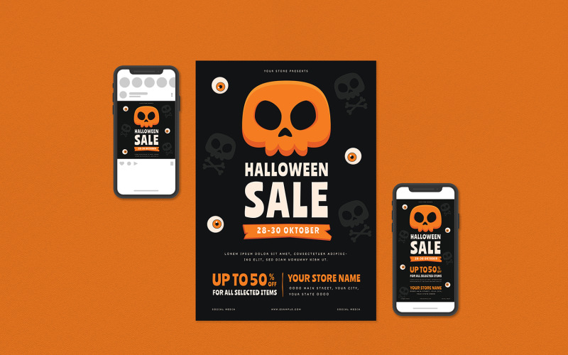 Download Фирменный стиль "Halloween Sale Flyer Set - Corporate Identity Template" / Halloween Sale Flyer Set - Corporate Identity Template - Фирменный стиль на тему графика deal,deals,discount,discounts,flyer,flyers,gift,halloween,kid,kids,modern,print template,pumpkin,sale,sales,savings,scary,template,templates,treat