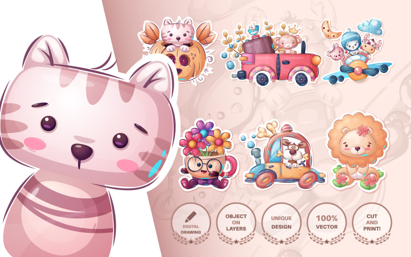 Download Иллюстрация "Set Funny Animal Sticker - Illustration" / Set Funny Animal Sticker - Illustration - Иллюстрация на тему графика seamless,pattern,cat,kitty,pumpkin,halloween,travel,monkey,owl,bird,penguin,cup,flower,dog,puppy,bone,lion