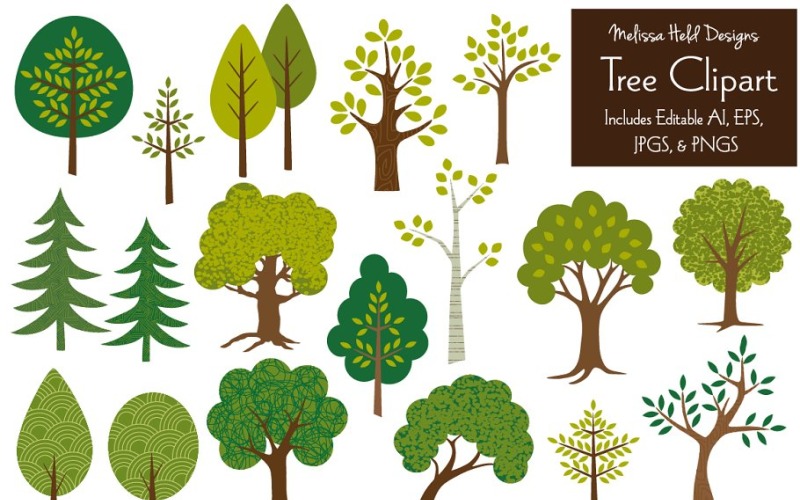 Download Иллюстрация "Tree Vector Clipart - Illustration" / Tree Vector Clipart - Illustration - Иллюстрация на тему графика trees,evergreen,pine tree,birch,maple,oak tree,elm tree,leaves,branches,nature,woodland,forest,vector,clipart,graphics,illustration,art,isolated,hand drawn,ecology