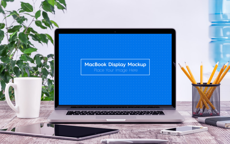 Download Мокап для продукта "5 Workplace MacBook Display product mockup" / 5 Workplace MacBook Display product mockup - Мокап для продукта на тему графика display,laptop,mac,macbook,macintosh,mockup,monitor,notebook,office,room,screen,table,work,workplace,workspace,workstation