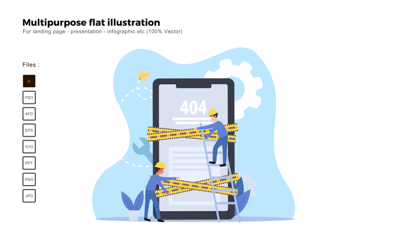 Download Vector "Multipurpose Flat Illustration 404 Page Under Construction - Vector Image" / Multipurpose Flat Illustration 404 Page Under Construction - Vector Image - Vector на тему графика flat illustration,vector illustration,flat design,flat icon pack,presentation,powerpoint,keynote,business flat design,people illustration,characters illustration,business concept,seo,analysis