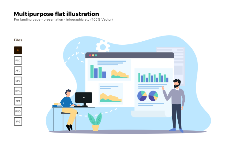 Download Vector "Multipurpose Flat Illustration Sales Presentation - Vector Image" / Multipurpose Flat Illustration Sales Presentation - Vector Image - Vector на тему графика flat illustration,vector illustration,flat design,flat icon pack,presentation,powerpoint,keynote,business flat design,people illustration,characters illustration,business concept,seo,analysis