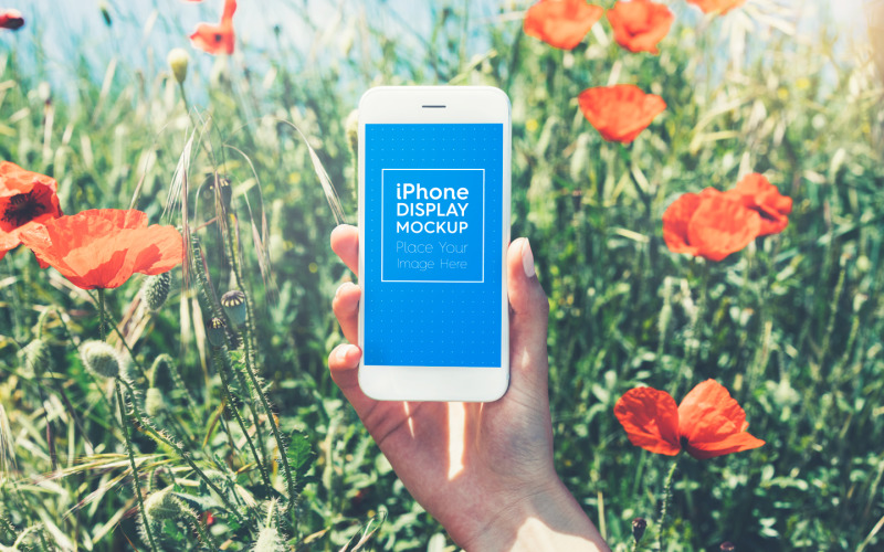 Download Мокап для продукта "iPhone / Phone / Smartphone Outdoor product mockup" / iPhone / Phone / Smartphone Outdoor product mockup - Мокап для продукта на тему графика app,app mockup,apple,application,beyond,display,field,grass,in hand,iphone,mobile,mockup,nature,outdoor,outside,outward,phone,poppy,screen,sea