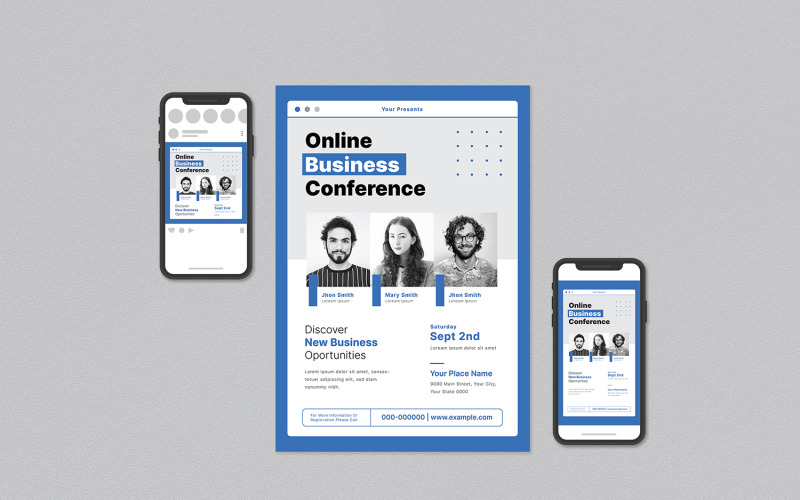 Download Фирменный стиль "Online Business Conference Flyer Set - Corporate Identity Template" / Online Business Conference Flyer Set - Corporate Identity Template - Фирменный стиль на тему графика bundle,business,conference,convention,event,flyer,instagram post,instagram story,meeting,online,package,poster,print,social media,speakers,summit,template,town hall,webinar,workshop