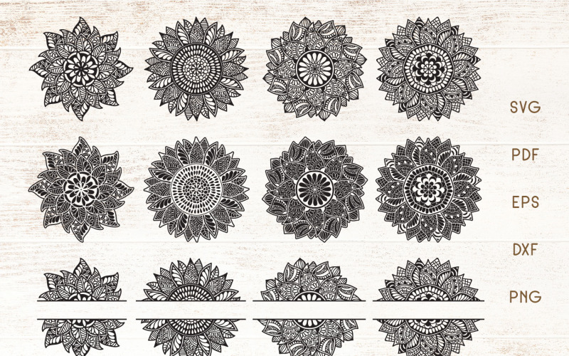 Подсолнечник Мандала - Вензель Sunflower Split SVG - Вектор - Иллюстрация