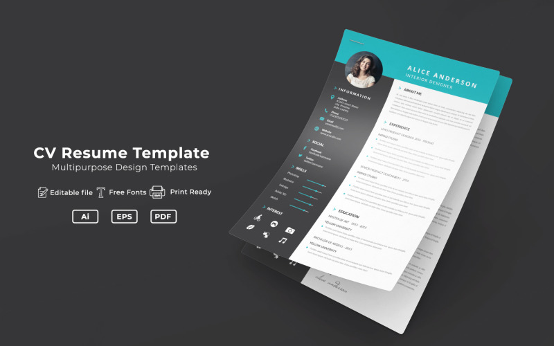 Download Резюме "Alice CV Resume Template" / Alice CV Resume Template - Резюме на тему графика business,jop,resume,graphics,cv,logo,application,company,corporate,branding,identity,trademark,individuality,letterhead,id,infographic,design,template,cv template,elegant