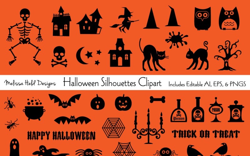 Halloween Black Silhouette Vector Clipart - Illustration