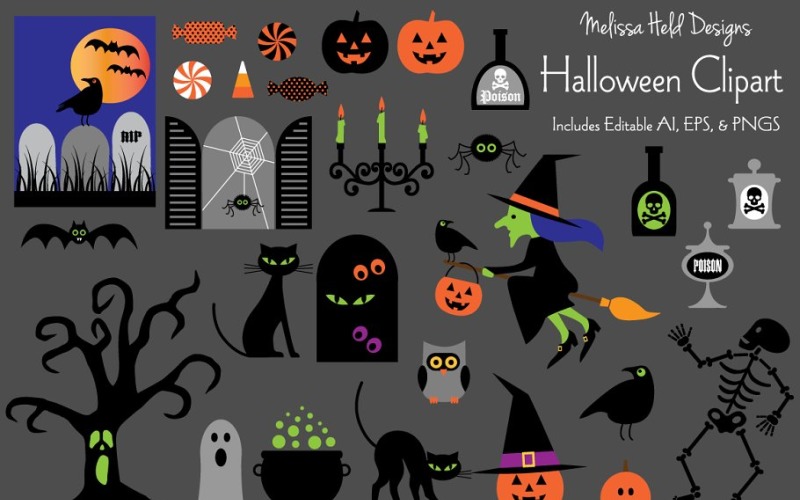 Download Иллюстрация "Halloween Clipart Vector - Illustration" / Halloween Clipart Vector - Illustration - Иллюстрация на тему графика candelabra,halloween,spider,tombstone,bat,ghost,skeleton,owl,cobweb,graveyard,pumpkin,candy corn,witch broom,jack o lantern,black cat,clipart,vector,graphic,potion,bubbling cauldron