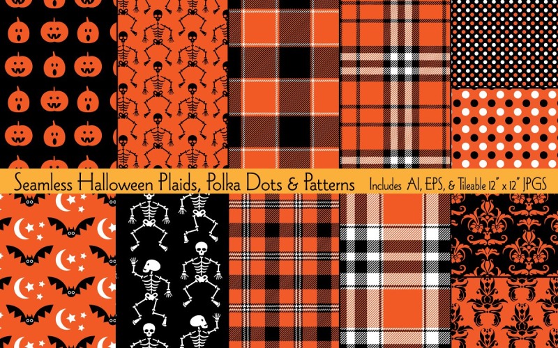 Download Pattern "Halloween Vector Plaids, Dots &amp; Pattern" / Halloween Vector Plaids, Dots &amp; Pattern - Pattern на тему графика vector,pattern,printable,fabric,textile,design,background,halloween,plaid,pumpkin,skeleton,damask,polka dots,jack o lantern,bats,seamless,repeat,tileable,print,orange