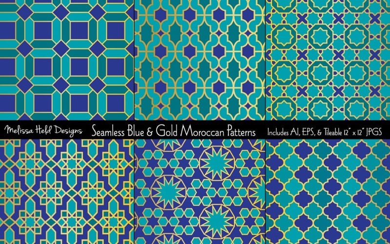 Seamless Blue Gold Moroccan Vector Background Pattern