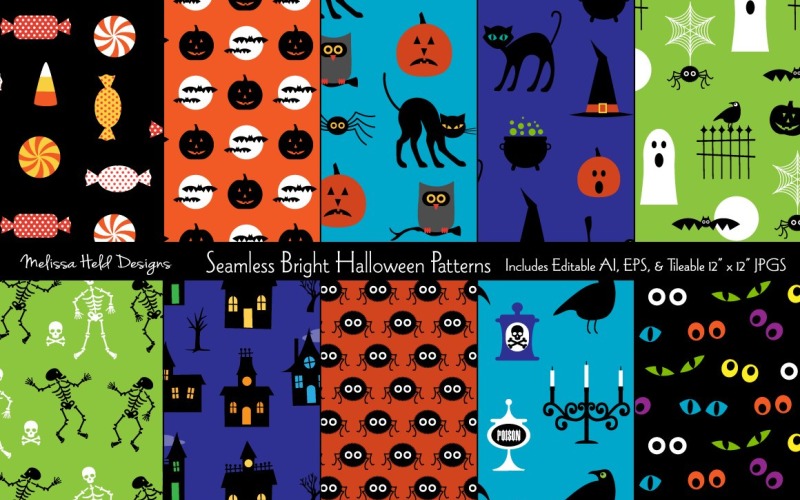 Download Pattern "Seamless Bright Halloween Vector Pattern" / Seamless Bright Halloween Vector Pattern - Pattern на тему графика vector,pattern,printable,fabric,textile,design,background,seamless,repeat,tileable,halloween,candy,pumpkin,spider,skeleton,haunted house,black cat,witch,ghost,owl