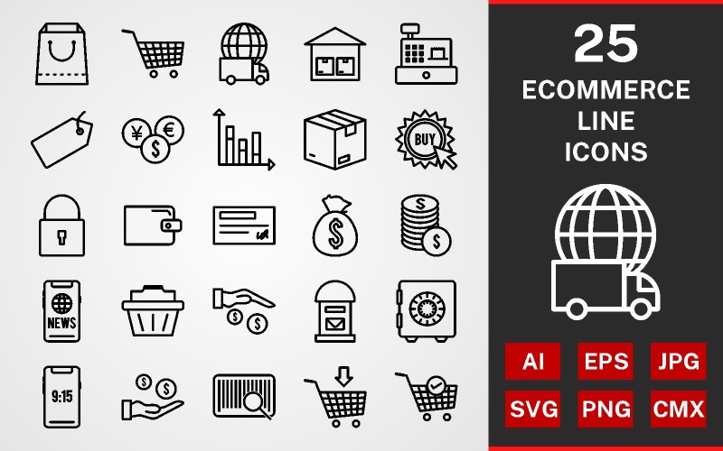 Download Набор иконок "25 Ecommerce LINE PACK Icon Set" / 25 Ecommerce LINE PACK Icon Set - Набор иконок на тему графика set,file,icon,icons,linear,line,vector,sign,symbol,pictogram,ecommerce,currencies,package,vault,add to cart,global delivery,security,cheque,buyer,postbox