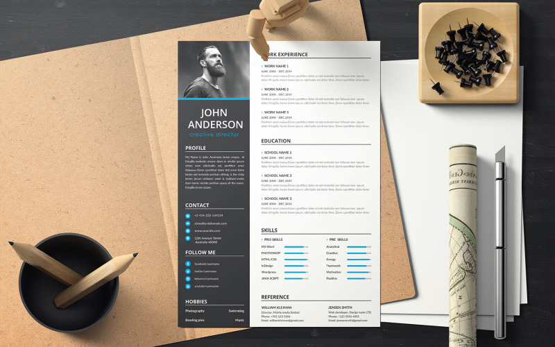 Download Резюме "John Anderson - Creative Director CV Resume Template" / John Anderson - Creative Director CV Resume Template - Резюме на тему графика business,jop,resume,graphics,cv,logo,application,company,corporate,branding,identity,trademark,individuality,letterhead,id,infographic,design,template,cv template,elegant