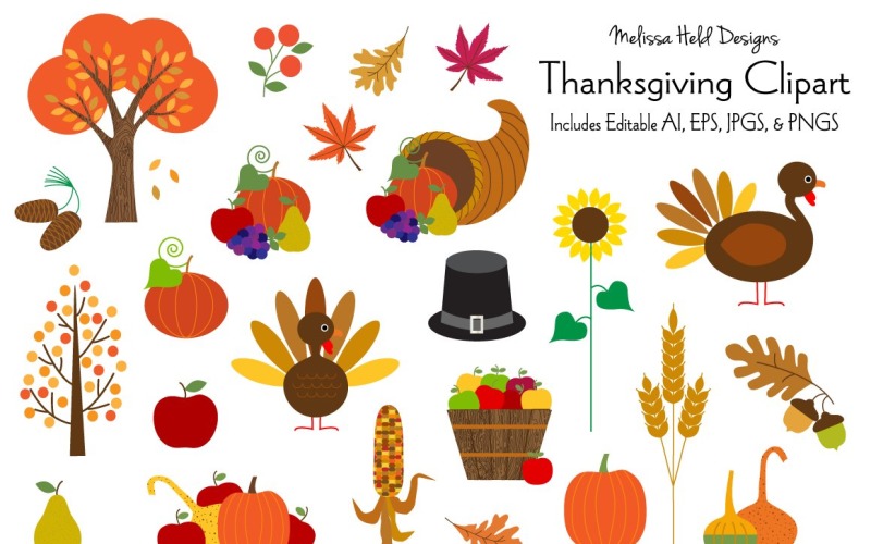 Download Иллюстрация "Thanksgiving Vector Clipart - Illustration" / Thanksgiving Vector Clipart - Illustration - Иллюстрация на тему графика thanksgiving,holiday,american,turkey,cornucopia,leaves,autumn,corn,pinecone,pilgrim,hat,pumpkin,fall,wheat,sunflower,apples,printable,vector,illustration,maize