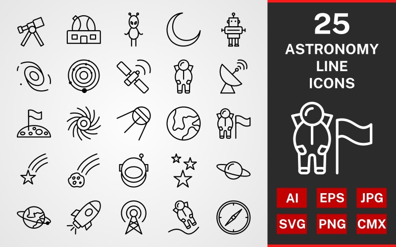 Download Набор иконок "25 Astronomy LINE PACK Icon Set" / 25 Astronomy LINE PACK Icon Set - Набор иконок на тему графика icon,icons,linear,set,file,line,vector,sign,symbol,pictogram,astronomy,man with flag,robot,galaxy,earth,spaceship,stars,compass,broadcast,black hole