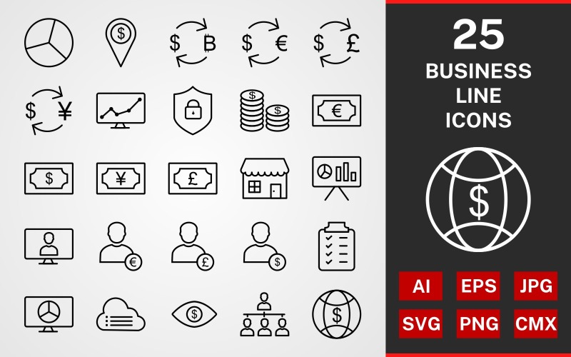 Download Набор иконок "25 Business LINE PACK Icon Set" / 25 Business LINE PACK Icon Set - Набор иконок на тему графика icon,icons,linear,set,file,line,vector,sign,symbol,pictogram,business,online work,porganization,stock market,pie chart,cloud ndata,eye dollar,world money,planning,euro