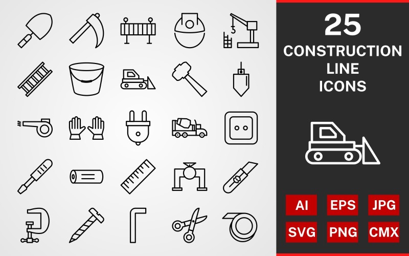 Download Набор иконок "25 Construction LINE PACK Icon Set" / 25 Construction LINE PACK Icon Set - Набор иконок на тему графика icon,icons,linear,set,file,line,vector,sign,symbol,pictogram,construction,bulldozer,cutter,wood,helmet,barrier,hammer,socket,valve,screw