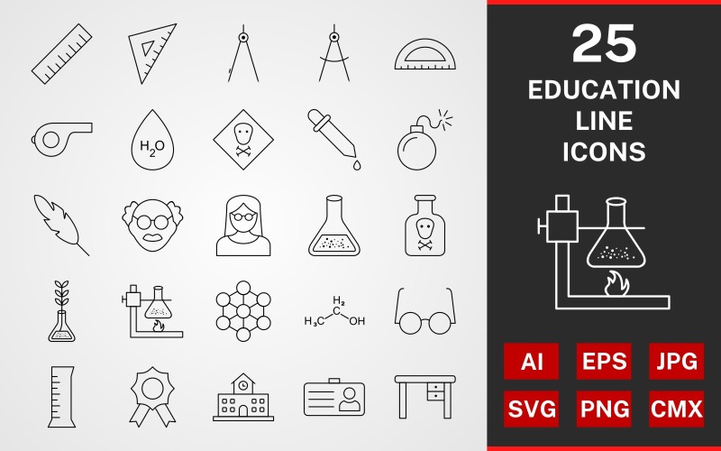Download Набор иконок "25 Education LINE PACK Icon Set" / 25 Education LINE PACK Icon Set - Набор иконок на тему графика icon,icons,linear,set,file,line,vector,sign,symbol,pictogram,education,scale,award,school,beaker,toxic,h2o,chemicals,molecule,study table