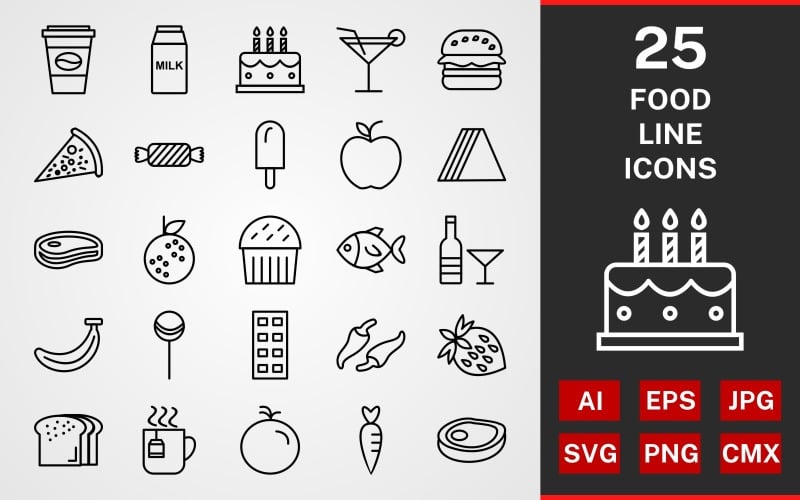 Download Набор иконок "25 FOOD LINE PACK Icon Set" / 25 FOOD LINE PACK Icon Set - Набор иконок на тему графика icon,icons,linear,set,file,line,vector,sign,symbol,pictogram,food,cake,icecream,sandwich,carrot,burger,apple,fish,pizza