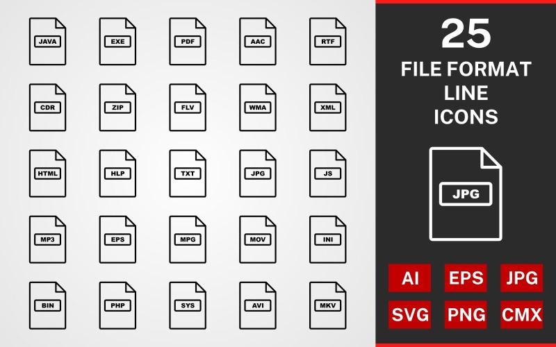 25 formatos de archivo LINE PACK Icon Set
