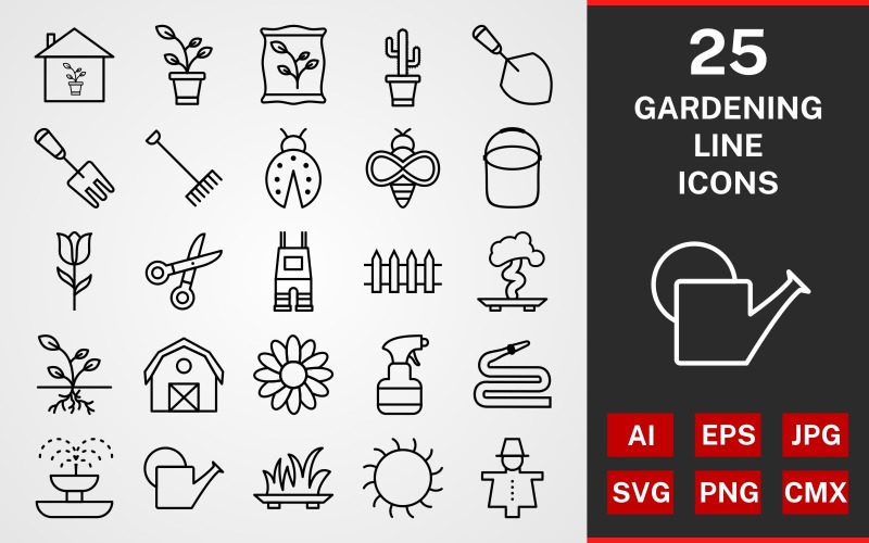 Download Набор иконок "25 Gardening LINE PACK Icon Set" / 25 Gardening LINE PACK Icon Set - Набор иконок на тему графика set,file,icon,icons,linear,line,vector,sign,symbol,pictogram,gardening,watercan,root,trowel,tulip,grass,bonsai,pail,cactus,plant nursey