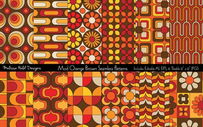 Download Pattern "Mod Orange Brown Seamless Vector Pattern" / Mod Orange Brown Seamless Vector Pattern - Pattern на тему графика vector,pattern,printable,fabric,textile,design,background,backdrop,paper,seamless,repeat,tileable,wallpaper,mod,geometric,orange,abstract,flower,daisy,retro