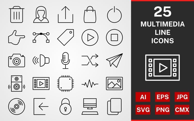 Download Набор иконок "25 Multimedia LINE PACK Icon Set" / 25 Multimedia LINE PACK Icon Set - Набор иконок на тему графика icon,icons,linear,set,file,line,vector,sign,symbol,pictogram,shuffle,music player,computer,logout,padlock,sound beats,speaker,camera,multimedia,upload