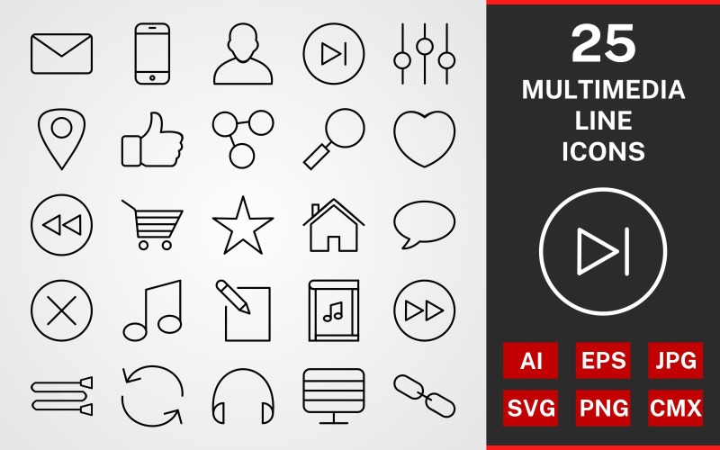 Download Набор иконок "25 Multimedia LINE PACK Icon Set" / 25 Multimedia LINE PACK Icon Set - Набор иконок на тему графика icon,icons,linear,set,file,line,vector,sign,symbol,pictogram,multimedia,next,envelope,avatar,shopping cart,chat,forward,link,like,setting