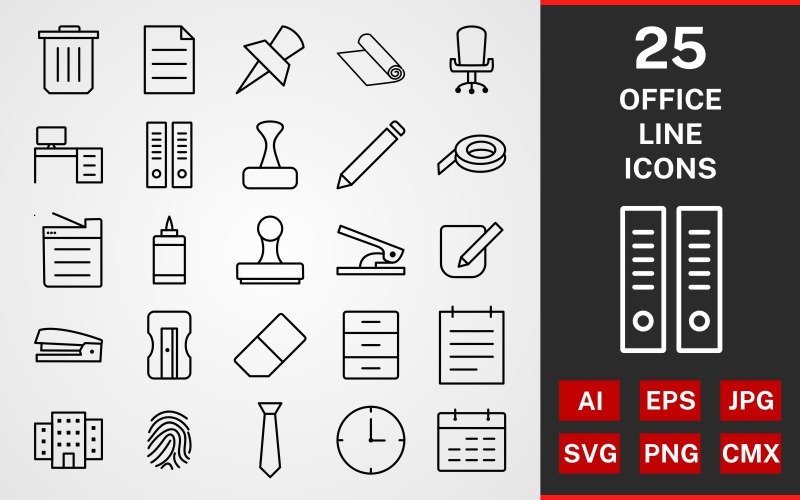 Download Набор иконок "25 Office LINE PACK Icon Set" / 25 Office LINE PACK Icon Set - Набор иконок на тему графика icon,icons,linear,set,file,line,vector,sign,symbol,pictogram,office,files,stamp,trash,tie,notepad,office chair,pin,archive,building