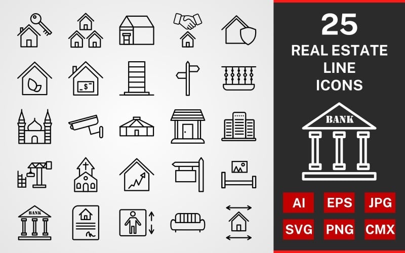 Download Набор иконок "25 Real Estate LINE PACK Icon Set" / 25 Real Estate LINE PACK Icon Set - Набор иконок на тему графика icon,icons,linear,set,file,line,vector,sign,symbol,pictogram,real estate,bank,mosque,mansion,house contract,balcony,directions,camera,church,shop