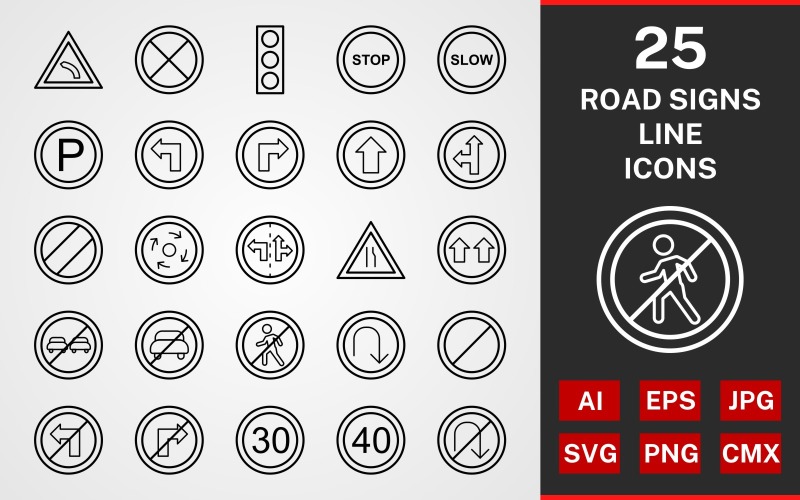 Download Набор иконок "25 Road Signs LINE PACK Icon Set" / 25 Road Signs LINE PACK Icon Set - Набор иконок на тему графика icon,icons,linear,set,file,line,vector,sign,symbol,pictogram,road signs,parking,slow,stop,signal sign,give way,no entry,u turn,speed limit 40,road closed
