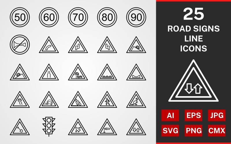 Download Набор иконок "25 Road Signs LINE PACK Icon Set" / 25 Road Signs LINE PACK Icon Set - Набор иконок на тему графика icon,icons,linear,set,file,line,vector,sign,symbol,pictogram,road signs,falling rock,air feild,road works,lose gravel,un even road,right bend,steep ascent,light signals,two way traffic