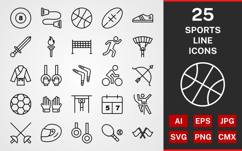 Download Набор иконок "25 Sport And Games LINE PACK Icon Set" / 25 Sport And Games LINE PACK Icon Set - Набор иконок на тему графика icon,icons,linear,set,file,line,vector,sign,symbol,pictogram,basketball,weapons,net,footbal,tennis,racing,rings,cyclist,karate,pool