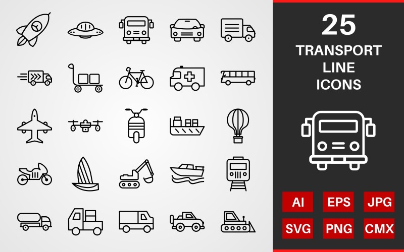 Download Набор иконок "25 Transport LINE PACK Icon Set" / 25 Transport LINE PACK Icon Set - Набор иконок на тему графика rocket,ufo,bus,jeep,scooter,airplane,train,car,transport,bicycle,icon,icons,linear,set,file,line,vector,sign,symbol,pictogram