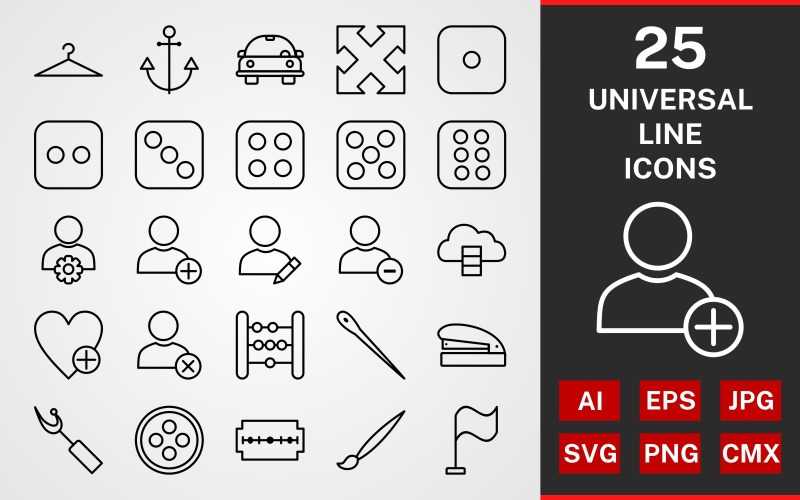 Download Набор иконок "25 Universal LINE PACK Icon Set" / 25 Universal LINE PACK Icon Set - Набор иконок на тему графика icon,icons,linear,set,file,line,vector,sign,symbol,pictogram,universal,anchor,add user,blade,flag,button,needle,bolck user,expend,dice two