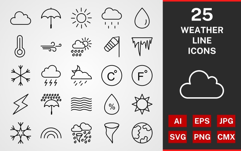 Download Набор иконок "25 WEATHER LINE PACK Icon Set" / 25 WEATHER LINE PACK Icon Set - Набор иконок на тему графика icon,icons,linear,set,file,line,vector,sign,symbol,pictogram,weather,cloud,rain,snow,rainbow,wind,storm,temperature,celcius,haze