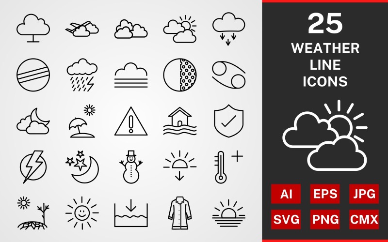 Download Набор иконок "25 WEATHER LINE PACK Icon Set" / 25 WEATHER LINE PACK Icon Set - Набор иконок на тему графика icon,icons,linear,set,file,line,vector,sign,symbol,pictogram,weather,sunny,raincoat,moon and stars,sheild,dark ray,flood symbol,cloudy,hot,snowman