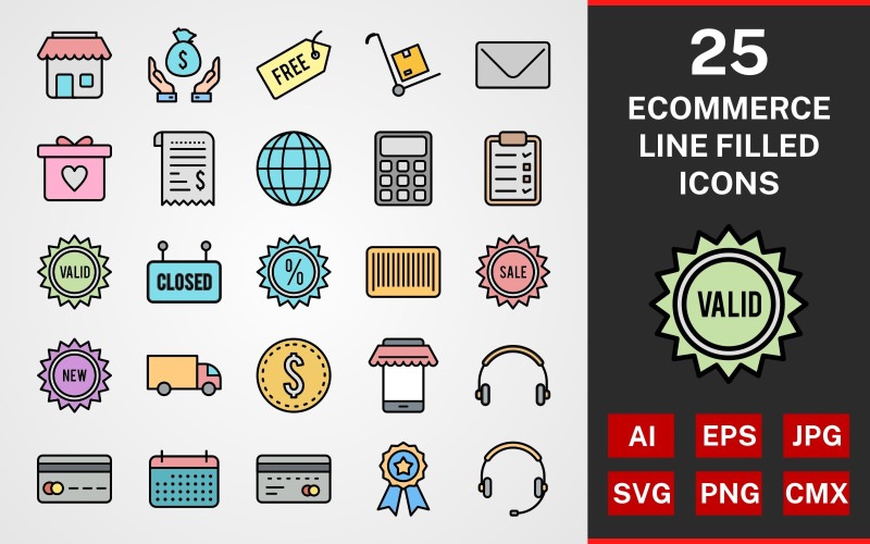 Download Набор иконок "25 Ecommerce LINE filled PACK Icon Set" / 25 Ecommerce LINE filled PACK Icon Set - Набор иконок на тему графика set,file,icon,icons,linear,line,vector,sign,symbol,pictogram,ecommerce,gift,discount,free tag,checklist,atm,dollars,globe,saving,calculator