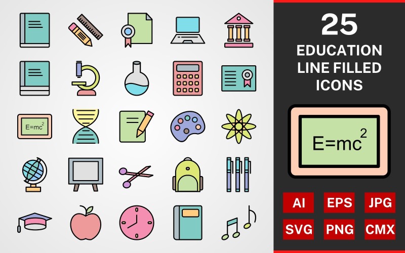 Download Набор иконок "25 Education LINE FILLED PACK Icon Set" / 25 Education LINE FILLED PACK Icon Set - Набор иконок на тему графика icon,icons,linear,set,file,line,vector,sign,symbol,pictogram,education,formula,books,bagpack,notebook,calculator,microscope,blackboard,markers,flask