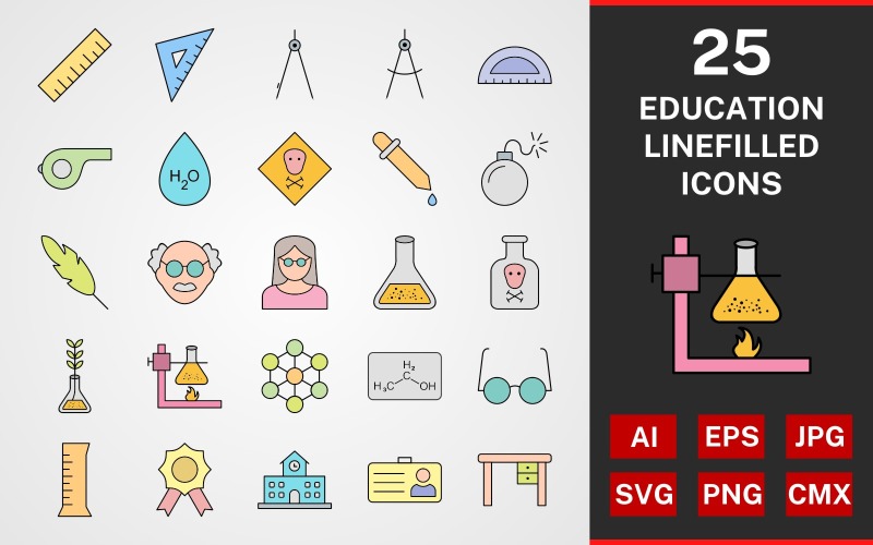 Download Набор иконок "25 Education LINE filled PACK Icon Set" / 25 Education LINE filled PACK Icon Set - Набор иконок на тему графика set,file,icon,icons,linear,line,vector,sign,symbol,pictogram,education,toxic,school,award,beaker,whistle,compass,set square,calligraphy,chemicals